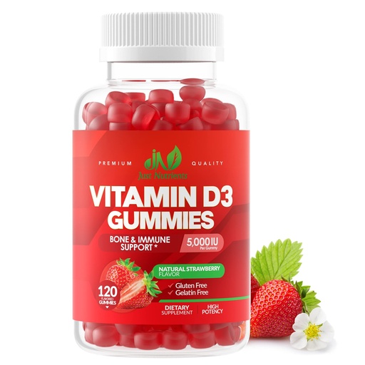[BRSWYBQEC4CBECTH] Vitamin D3 5000IU / 10,000IU Gummies for Adults & Kids (120 Count) - Maximum Strength Support for Immune System, Bones & Teeth - Gluten-Free, Non-GMO, Great Tasting Strawberry Flavor - 4 Month Supply
