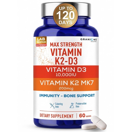 [BRSREYL2PMPA2EI6] Granions Max Strength Vitamin D3 K2 Supplement - 250mcg (10,000 IU) D3 + 200mcg Vitamin K2 (MK-7) - Vitamins for Bone Health, Immune Support Supplements VIT K2D3-2 Month, 60 Tablets