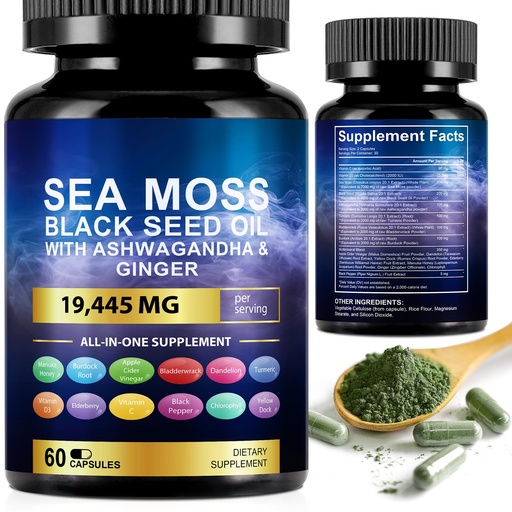 [BRSRE2YQAUNAIFI7] Sea Moss Black Seed Oil Ashwagandha Ginger Turmeric Capsules, Sea Moss Gummies Supplement with Burdock Root Bladderwrack Vitamin C Vitamin D3 Yellow Dock Iodine Chlorophyll ACV - 60 Count
