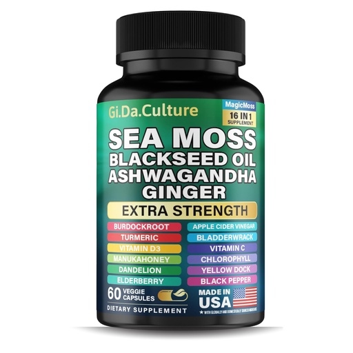 [BRSRAFANBUBG2HLD] Organic Sea Moss Capsules - Organic Irish Sea Moss Black Seed Oil Ashwagandha Ginger Burdock Root Bladderwrack Turmeric Black Pepper Vitamin C, D3-60 Veggie Capsules for Men & Women