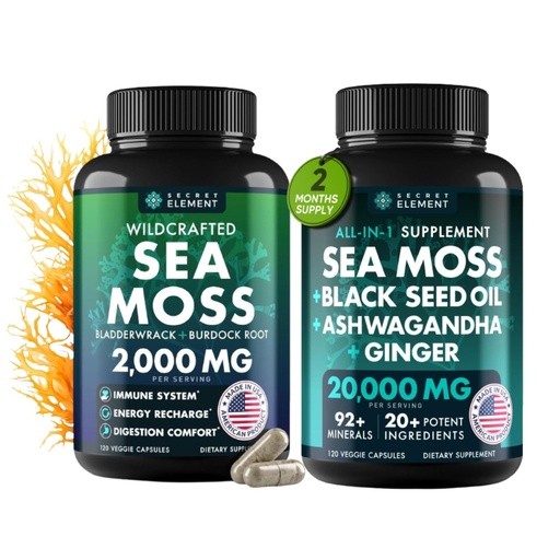 [BRSREZIQBMHGMAIV] Sea Moss Bundle, Wildcrafted Irish Sea Moss Capsules with Burdock Root, Bladderwrack, Muira Puama + Seamoss Black Seed Oil, Ashwagandha & Ginger, 240 Vegan Capsules