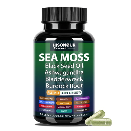 [BRSREEL3BUPG2DLP] Sea Moss Capsules with Sea Moss, Black Seed Oil, Ashwagandha, Bladderwrack, Burdock Root, Ginger, Vitamins C & D3, All in 1 Sea Moss Supplement for Immune System & Energy Support - 90 Capsules