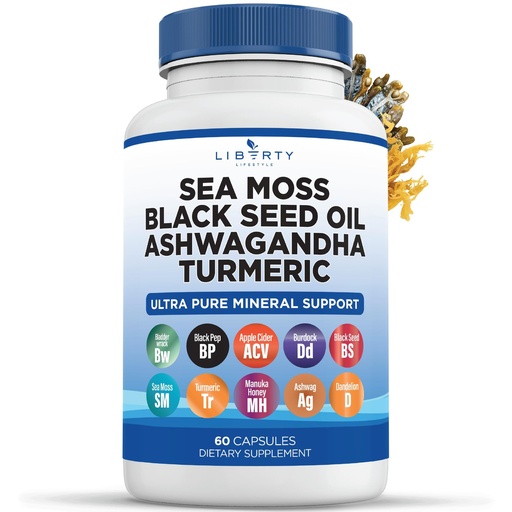 [BRSROHYQA4PWMFD7] Liberty Lifestyle Sea Moss Black Seed Oil Ashwagandha Turmeric Bladderwrack Burdock - with Manuka, Honey Dandelion, ACV Black Pepper Gluten Free - 1-Pack