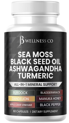 [BRSROA35OB6QAAY6] Sea Moss Black Seed Oil Ashwagandha Turmeric Bladderwrack Burdock - with Manuka, Honey Dandelion, ACV Black Pepper Gluten Free - 60 Count