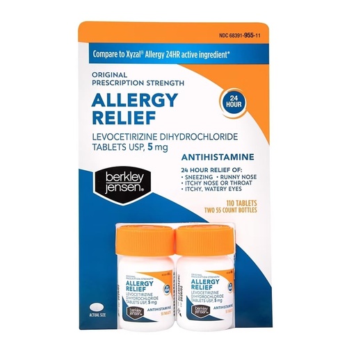 [BRSRABAQBVYQYH32] Berkley Jensen 24 Hour Allergy Relief, Levocetirizine Dihydrochloride Tablets USP, 5 mg, Antihistamine, Relieves Sneezing, Runny Nose, Itchy Nose or Throat and Itchy, Watery Eyes, 55 Count (Pack of 2)