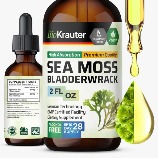 [BRSROGAROIMBUHLG] BIO KRAUTER® 2-in-1 Sea Moss Seaweed Supplement - Vegan Bladderwrack & Sea Moss Drops for Women & Men - Used for Skin, Gut & Digestive Support - Natural Сhondrus Сrispus 2 Fl.Oz.