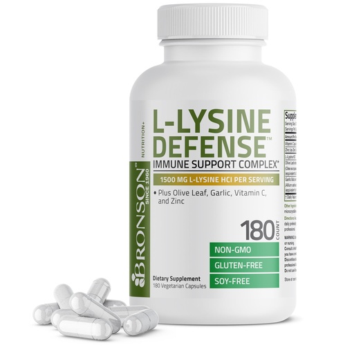 [BRSREEA2OAIG2CT3] Bronson L-Lysine Defense Immune Support Complex 1500 MG L-Lysine Plus Olive Leaf, Garlic, Vitamin C and Zinc - Non-GMO, 180 Vegetarian Capsules