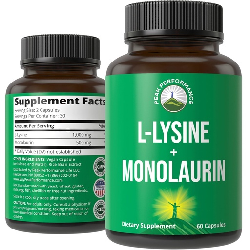 [BRSREAYCOJYQAGQ4] Peak Performance L Lysine 1000mg + Monolaurin 500mg High Potency Supplement for Lips, Skin, & Immune Support - L-Lysine 2-in-1 Bioavailable Supplements for Men and Women - 60 Capsules