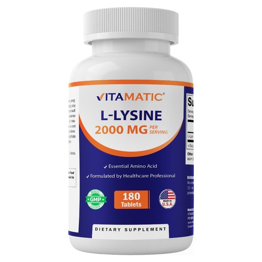 [BRSRGHT3B4FQODQ7] Vitamatic L-Lysine 2000 mg Per Serving | 180 Tablets | Essential Amino Acid Supplement | Non-GMO | Gluten Free | Made in USA
