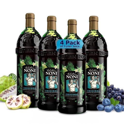 [BRSWECTQPIOR6233] Tahitian Noni Juice by Morinda – Original Pure Noni Fruit Blend with Blueberry, Grape Extracts – Healthy Superfood Vitality Daily Wellness Drink – 4 Pack of 1L Bottle