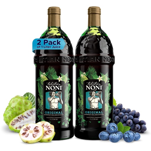 [BRSWEBI6PMIRQCA6] TAHITIAN NONI Juice by Morinda, Original and Authentic, Noni Fruit Puree from Tahiti with Natural Blueberry & Grape (Resveratrol), All-Natural Daily Wellness Drink - 2 One Liter Juice Bottles Case