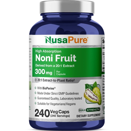 [BRSWGGQQOIIR6FLH] NusaPure Noni Fruit Capsules, 300 mg, 240 Veg Capsules (Non-GMO, Vegan)