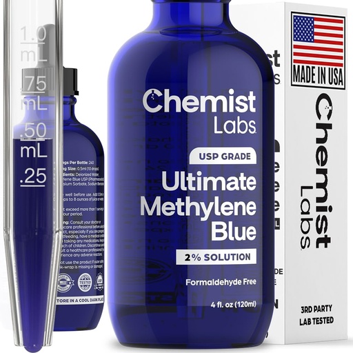 [BRSREGT2DMNQMHI3] 2% Pharmaceutical Grade Methylene Blue Liquid Solution - 99% Purity USP Grade, Blue Methylene, Cellular & Mitochondrial Support, Third-Party Tested, Made in USA, 4oz