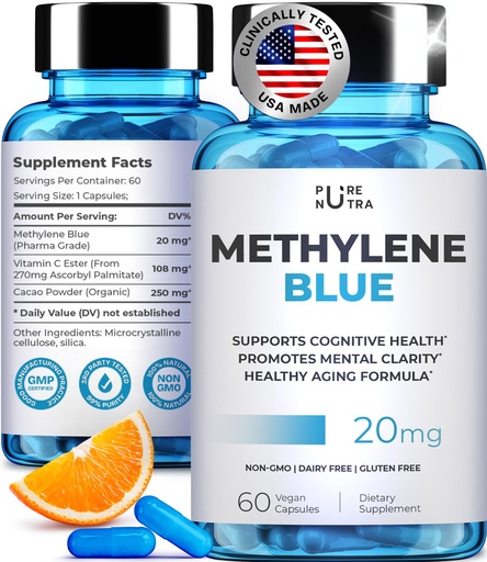 [BRSREZAPC4FRMYL3] Ultimate Methylene Blue Pharmaceutical Grade 20mg (USP) Methylene Blue Capsules for Humans | Memory Supplement and Brain Booster Supplement | Focus Fuel and Memory Vitamins Energy Pills | 60 Servings