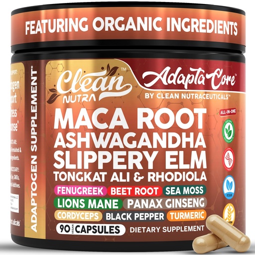 [BRSREEAFOF6RQ3T7] Clean Nutra Organic Maca Root Capsules for Women + Ashwagandha Slippery Elm Tongkat Ali Rhodiola Rosea Fenugreek Beet Root Sea Moss Ginseng Black Yellow Red Maca Powder Supplement 90 Pills