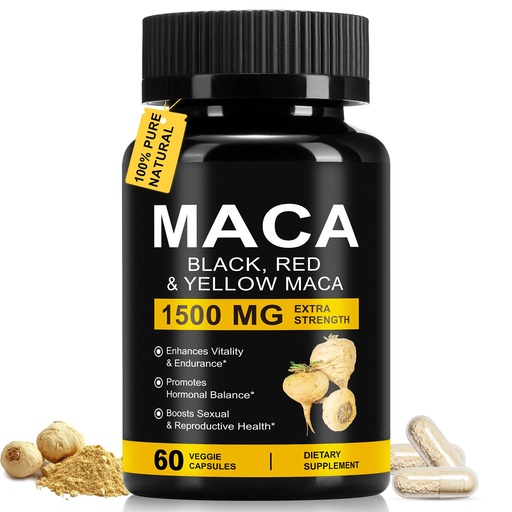 [BRSREFQCAF7AOYA2] Daiasns Organic Maca Root Powder Capsules 1500 mg with Black + Red + Yellow Peruvian Maca Root Extract Supplement for Men and Women - 60 Vegan Capsules