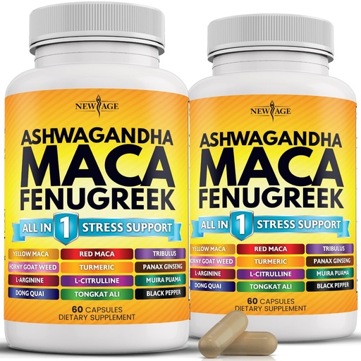 [BRSROFQHOYDQODLB] NEW AGE Ashwagandha Maca Root Fenugreek Supplement with Tongkat Ali Ginseng - Support Health - Made in USA - 120 Count