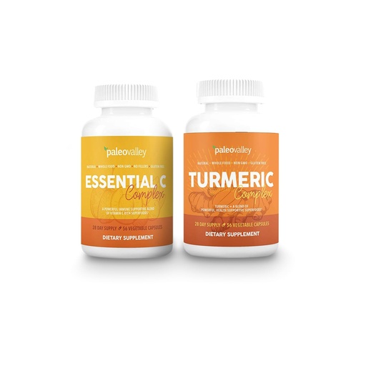 [BRSW2GQTAQCGMCDA] Paleovalley Organic Turmeric Complex + Essential C Complex Bundle – Full Spectrum Turmeric + Whole-Food Vitamin C – Joint, Immune & Antioxidant Support – 56 Veg Capsules + 450mg Essential C