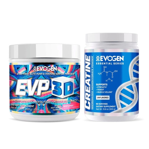 [BRSRGYD7CQHGY3LG] Evogen EVP 3D Creatine Monohydrate Bundle – Stim Free Pre Workout Powder & Micronized Creatine for Pump, Strength, Power & Recovery | Sour Candy + Unflavored