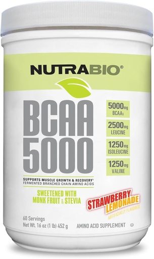[BRSWGCYEO4CGMAI6] NutraBio BCAA 5000 Powder - Aminoácidos ramificados fermentados de cadena para el crecimiento muscular " recuperación - Sabores naturales, endulzantes y para colorear, Vegan, Gluten Free - Lemonade de fresa, 60 Servimientos