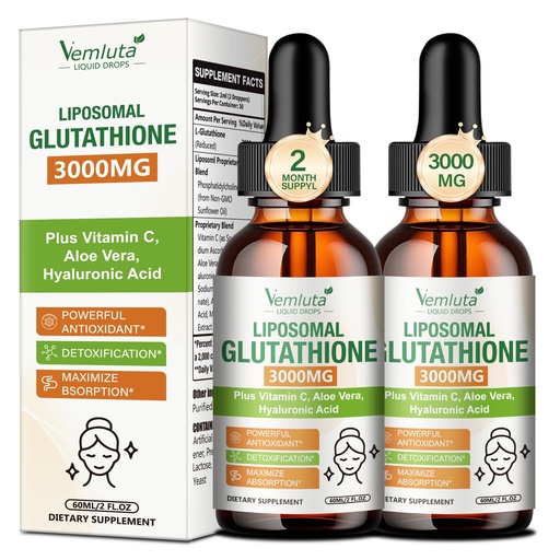 [BRSRGZIQBAIRUDI2] 2 Pack 3000mg Liposomal Glutathione Liquid Drops, 98% Absorption Liposomal Glutathione with Vitamin C for Women, Glutathione Liposomal Supplement, Powerful Antioxidant Complex for Immune System, Liver