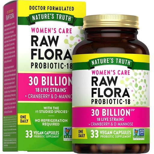 [BRSRAHYPBANBAELJ] Raw Flora Probiotics for Women | 30 Billion CFU | 33 Capsules | with Cranberry and D-Mannose | Vegan, Non-GMO & Gluten Free Supplement