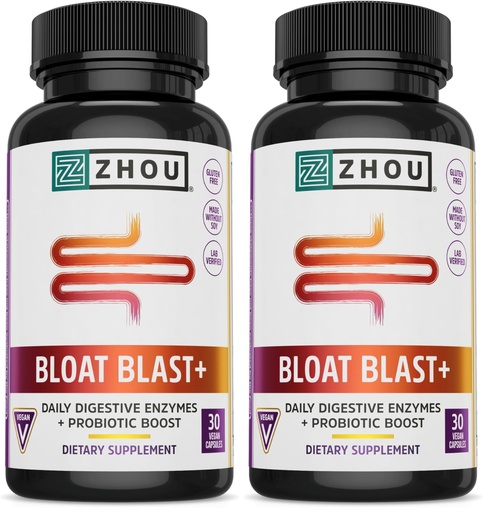 [BRSRGFI7DMNA4ELF] ZHOU Nutrition Bloat Blast+ - Digestive Support Supplement for Women & Men, Digestive Enzymes with Probiotics for Gut Health - 30 Veggie Capsules (Pack of 2)
