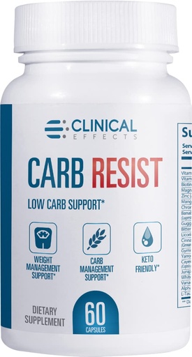 [BRSWYHY7A4MGYHLB] Clinical Effects Carb Resist - Carb Blocker with Vitamin C - 60 Capsules - Ideal for Keto or Low Carb Lifestyle - Supports Heart Health and Weight Management - Plant-Based