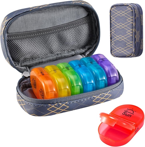 [BRSROZAOCN6GYE3A] Serfeymi Weekly Travel Pill Organizer 2 Times A Day AM PM Upgraded Rainbow Pill Box 7 Day with Portable Zipper PU Leather Pill Case, Medicine Organizer for Pills, Vitamins, Fish Oils - Lines 01