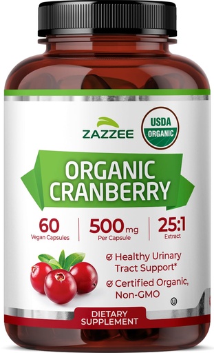 [BRSRE2YPBAHAY3I7] Zazzee USDA Organic Cranberry 25:1 Extract, 500 mg per Capsule, 60 Vegan Capsules, 2 Month Supply, Certified Kosher, Vaccinium Macrocarpon, Urinary Tract & Bladder Support, Non-GMO, Made in the USA