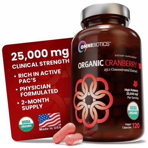 [BRSREH37CINWGG3P] OmniBiotics USDA Organic Cranberry Pills for Women - High Potency 25,000 mg Supplement with 25:1 Fruit Extract - Daily Urinary Tract Support - 120 Vegan Capsules
