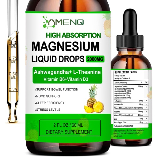 [BRSROHA6DIFBAGTL] Liquid Magnesium Supplement, Organic 5-in-1 Magnesium Complex Drops 丨 Glycinate, Taurate, Oxide, Malate, Citrate w/L-Theanine, Ashwagandha for Cortisol, Sleep*, Stress, Muscle,