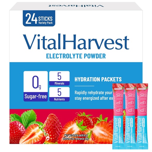 [BRSREAIDBMAQIEY3] VitalHarvest 24 Sticks Electrolytes Powder Packets 7 Flavors Sugar Free Hydration Packets Liquid Daily IV Drink Mix, Low Sodium, Strawberry