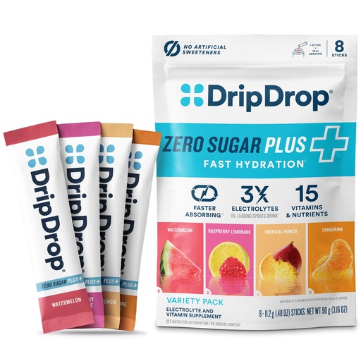 [BRSREHY2DMGQM2T3] DripDrop Zero Sugar Plus - Sugar Free Hydration Packets - Single Serve Electrolytes Powder Drink Mix - Raspberry Lemonade, Watermelon, Tangerine, Tropical Punch - Non-GMO, Vegan- 8 Sticks
