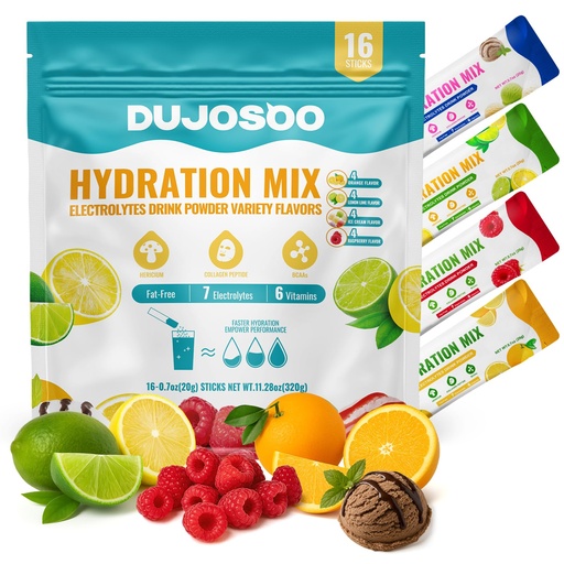 [BRSREGT7CN6G2EY7] Shake Thoroughly! Electrolyte Hydration Powder Drink Mix | Fat Free - Variety Pack | 7 Electrolytes & 6 Vitamins | Hericium, Collagen Peptide, BCAAs | 1 Pack: 16 Servings, 20g/Stick, 5g Protein/Stick