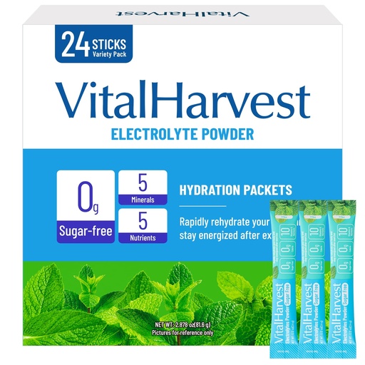[BRSREAIDAEMWO2DH] 24 Sticks Electrolytes Powder Packets 7 Flavors Sugar Free Hydration Packets Liquid Daily IV Drink Mix, Low Sodium, Mint