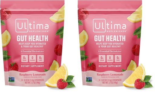 [BRSRGGQZOV5AA2TP] Ultima Replenisher Gut Health Supplement and Electrolytes Powder - Raspberry Lemonade, 14 Stickpacks - Hydration Packets with Added Gut Health Benefits (Pack of 2)
