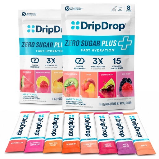 [BRSRGBI2OB6G2HLF] DripDrop Zero Sugar Plus - Sugar Free Hydration Packets - Raspberry Lemonade, Watermelon, Tangerine, Tropical Punch, Strawberry Kiwi, Peach, Cherry Limeade, Wild Berry -16 Sticks