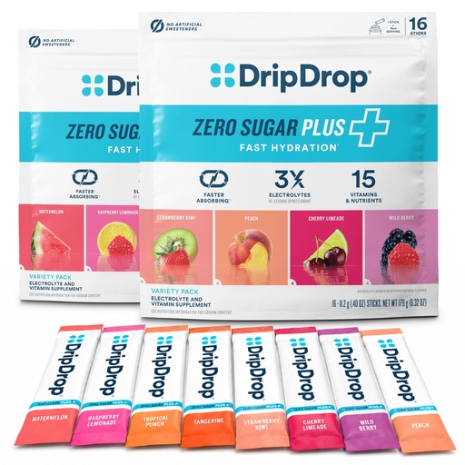 [BRSRGBI2O4AQIYLK] DripDrop Zero Sugar Plus - Sugar Free Hydration Packets - Raspberry Lemonade, Watermelon, Tangerine, Tropical Punch, Strawberry Kiwi, Peach, Cherry Limeade, Wild Berry - 32 Sticks