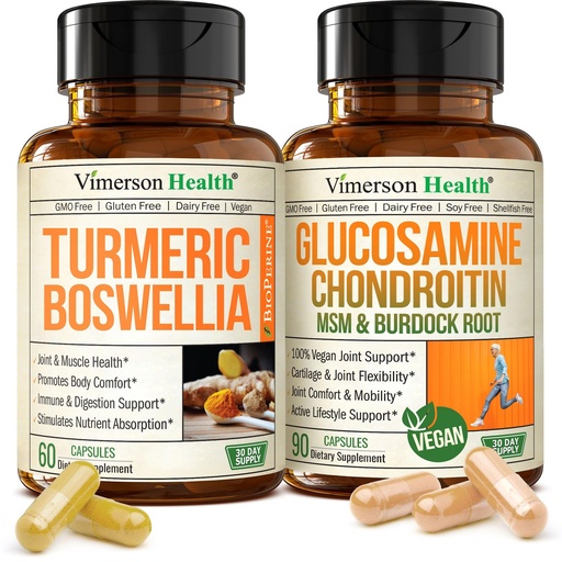 [BRSREFQ3OIBAGFDP] Joint Support Bundle – 2-Pack Organic Turmeric Supplement with 95% Curcuminoids + 65% Boswellia Extract, Ginger Root & Black Pepper (BioPerine) + Vegan Glucosamine Chondroitin MSM – 60 + 90 Capsules