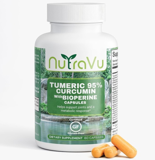 [BRSRGFAOCAMW2YA6] Turmeric 95% Curcumin w/Bioperine - 60 Capsules - Gluten Free - Contains Glucosamine, Ginger, Boswellia, MSM