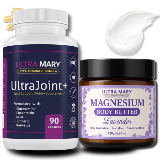 [BRSREFTYCUHQ2H3P] Joint Support UltraMary+(90 Capsules)+Magnesium Body Butter(4.23oz) Glucosamine 1500mg,Chondroitin, MSM, Turmeric & Boswellia–Muscle & Joint Relief Combo, Lavender Scent–Articulaciones & Músculos