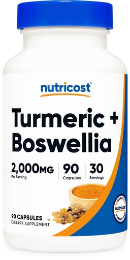 [BRSREFAKBYAQM234] Nutricost Turmeric + Boswellia Supplement (2000mg) 90 Capsules - with BioPerine® (15mg), 95% Curcuminoids, 30 Servings
