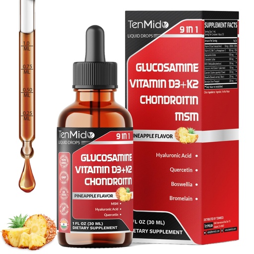 [BRSREGAQO57BSCQ6] Glucosamine Chondroitin MSM Liquid Drops - 9in1 with Vitamin D3, Vitamin K2, Hyaluronic Acid, Quercetin, Boswellia, and Bromelain - Vegan, Non-GMO - 30ml 1 Fl Oz