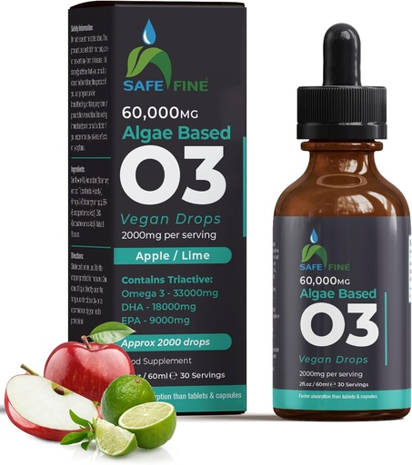 [BRSRMZYLABYGYYDP] Omega 3 Liquid Vegan Drops - DHA & EPA from Algae Oil - 60 ml Dropper Bottle - 2000 mg per Serving - Supports Overall Body Wellness Supplement for The Whole Family