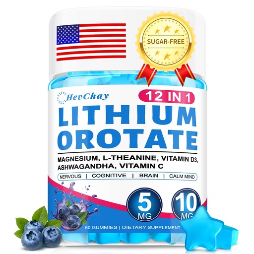 [BRSREBARAAJQKELA] 12-in-1 Lithium Orotate 5mg 10mg with Ashwagandha & L-Theanine, Lithium Orotate for Mood, Calm, Cognitive & Brain, High Bioavailability Trace Mineral, Lemon Balm, Magnesium Glycinate, 1 Pack