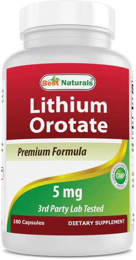 [BRSREBT5CQIWECDO] Best Naturals Lithium Orotate 5 mg 180 Capsules - Non GMO - Gluten Free