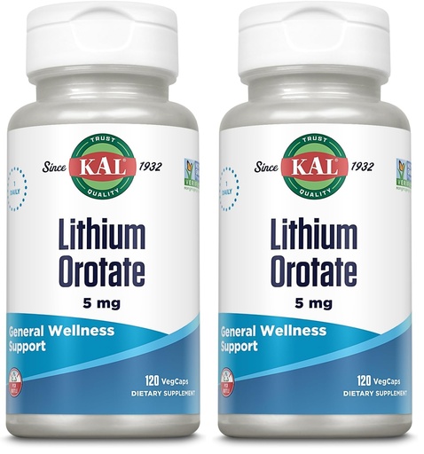 [BRSREAAHCEBBSF36] KAL Lithium Orotate 5 milligrams | Low Serving of Chelated Lithium Orotate for Bioavailability and Mood Support | in Organic Rice Bran Extract Base | 120 VegCaps (Pack of 2)