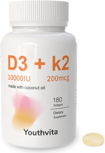 [BRSRA2QFO4MW2CDK] d3 k2 Vitamin 10000 iu, 180 Coconut Oil Softgels | 2 in 1 Vitamins Supplement D3 10000 IU & K2 (MK7) 200 mcg, Easy to Swallow, Supports Calcium Absorption, Bone Immune, & Heart Health