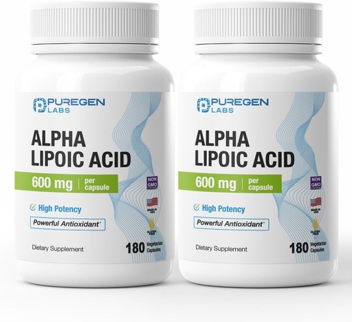 [BRSRAHQYPN6REF3L] Puregen Labs Alpha Lipoic Acid 600mg [High Potency] Total 360 Veggie Caps, Antioxidant Support | No Harmful Additives | Non-GMO, NO Gluten and Dairy, 600 mg per Capsule - Made in USA - 2 Pack